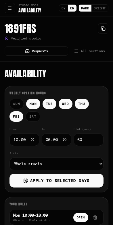 Panel, hours tab