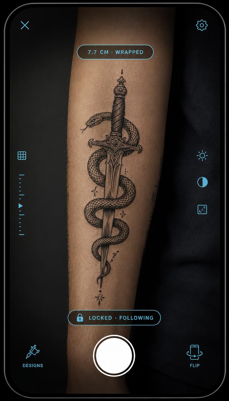 InkSimulator camera HUD: a dagger and serpent tattoo wrapped around a forearm with a 7.7 cm size pill and a Locked indicator